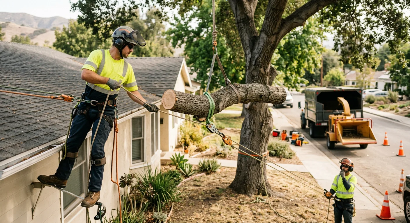 Technician using controlled rigging to lower a large limb near a roofline