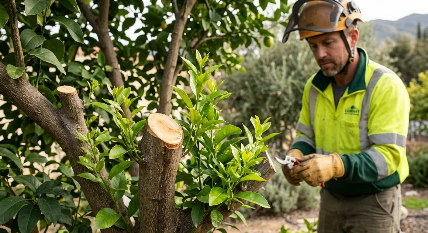 Close-up of clean pruning cuts and healthy regrowth on a citrus tree