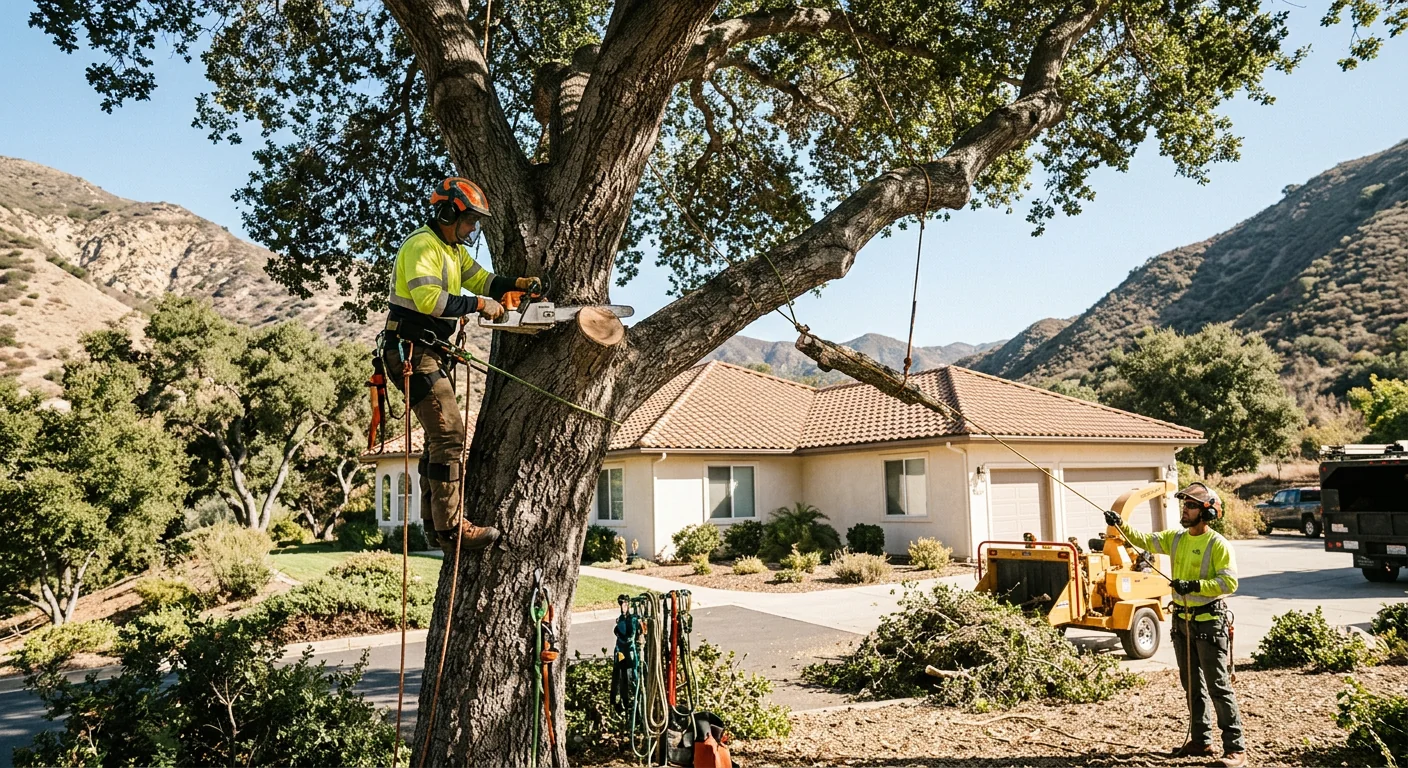 Trained technician using rigging to lower a large pruned limb safely near a Santa Paula home