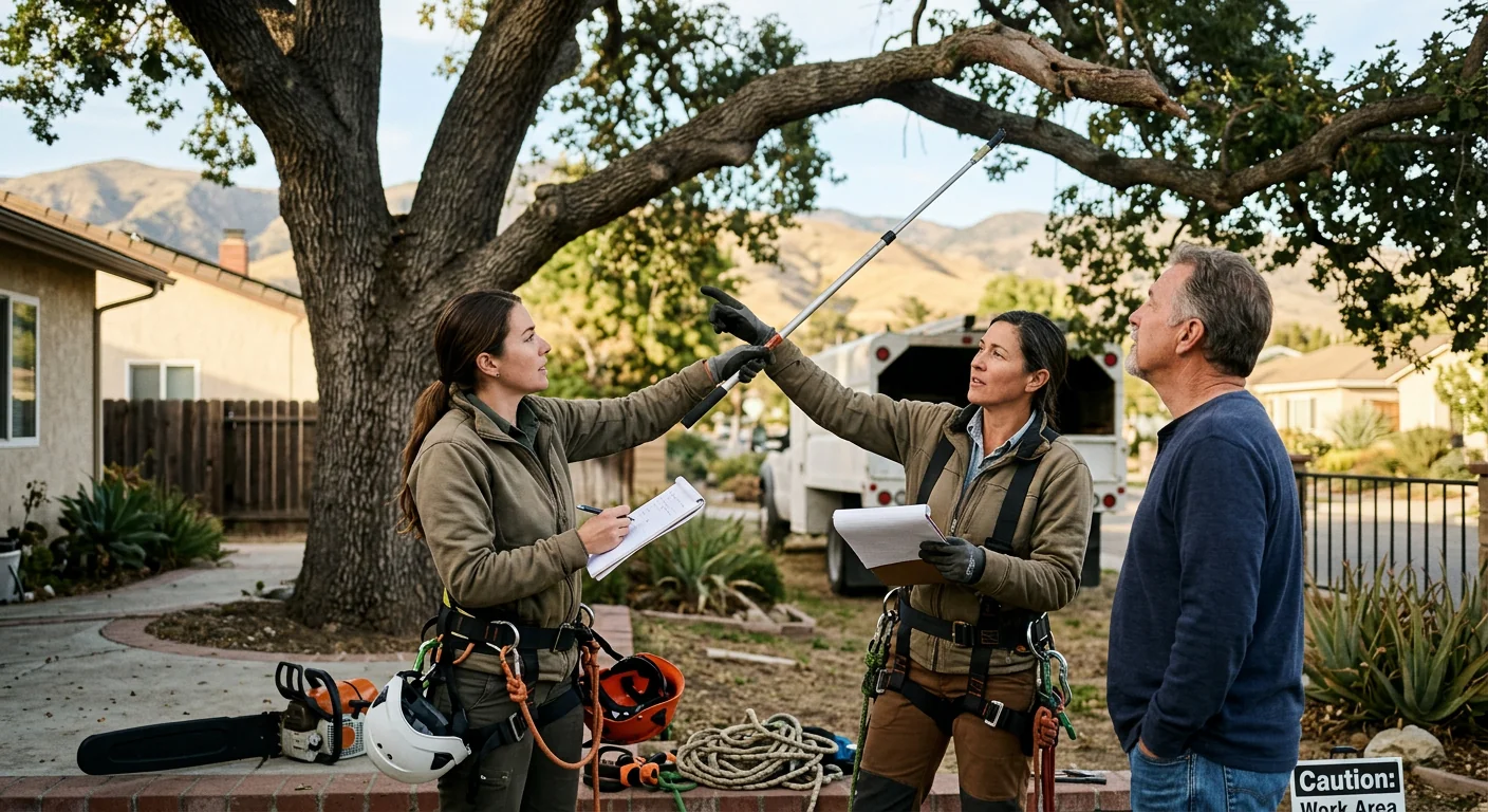 Arborist reviewing a tree removal estimate beside a mature oak in a Santa Paula yard