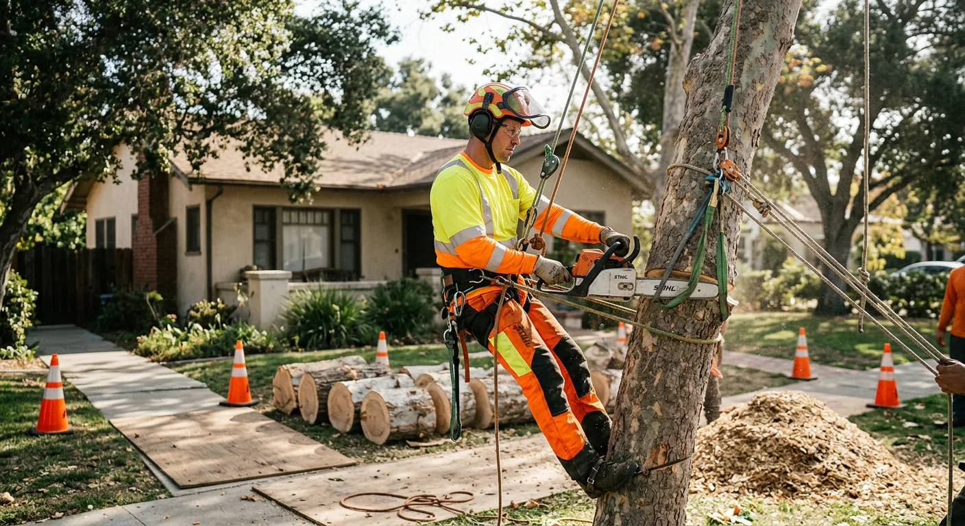 Tree service crew reviewing a removal plan at a Santa Paula home