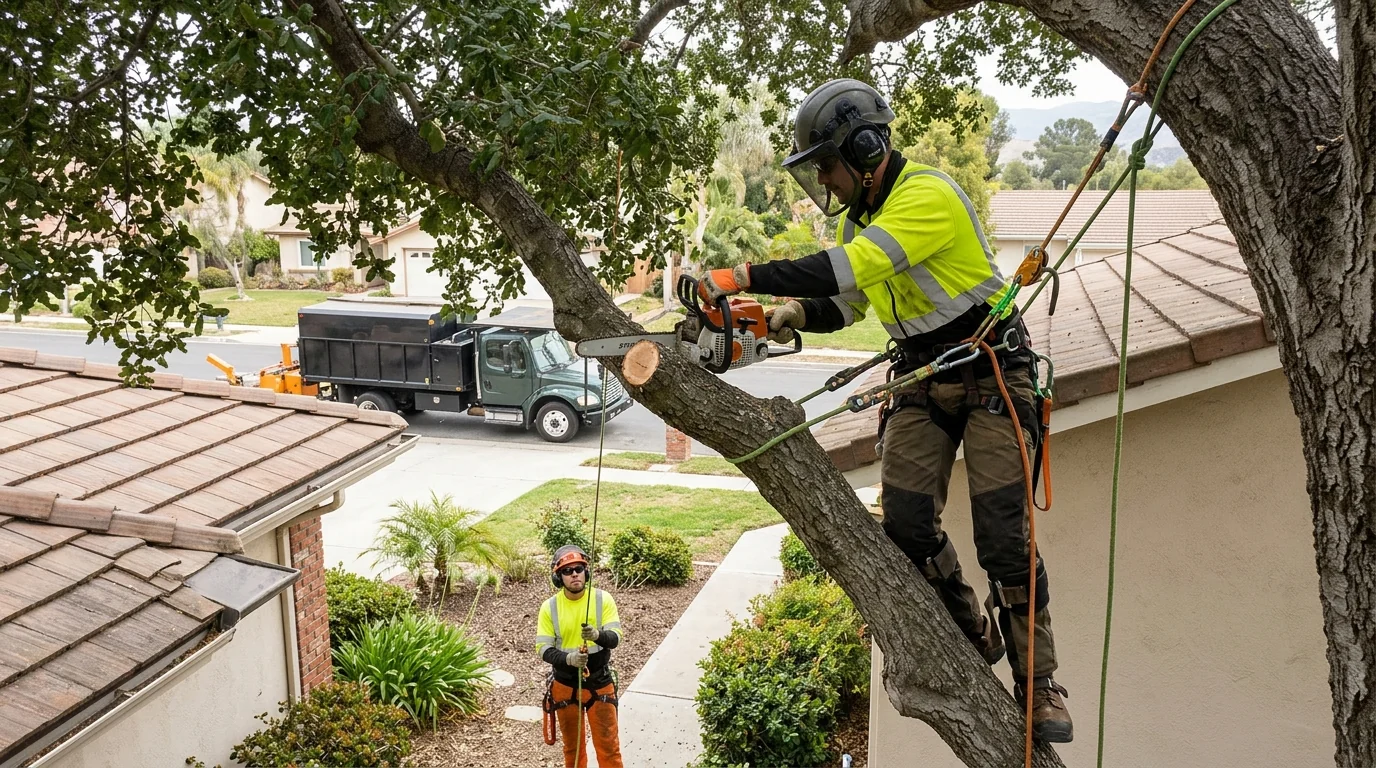 Arborist inspecting a leaning trunk before removal