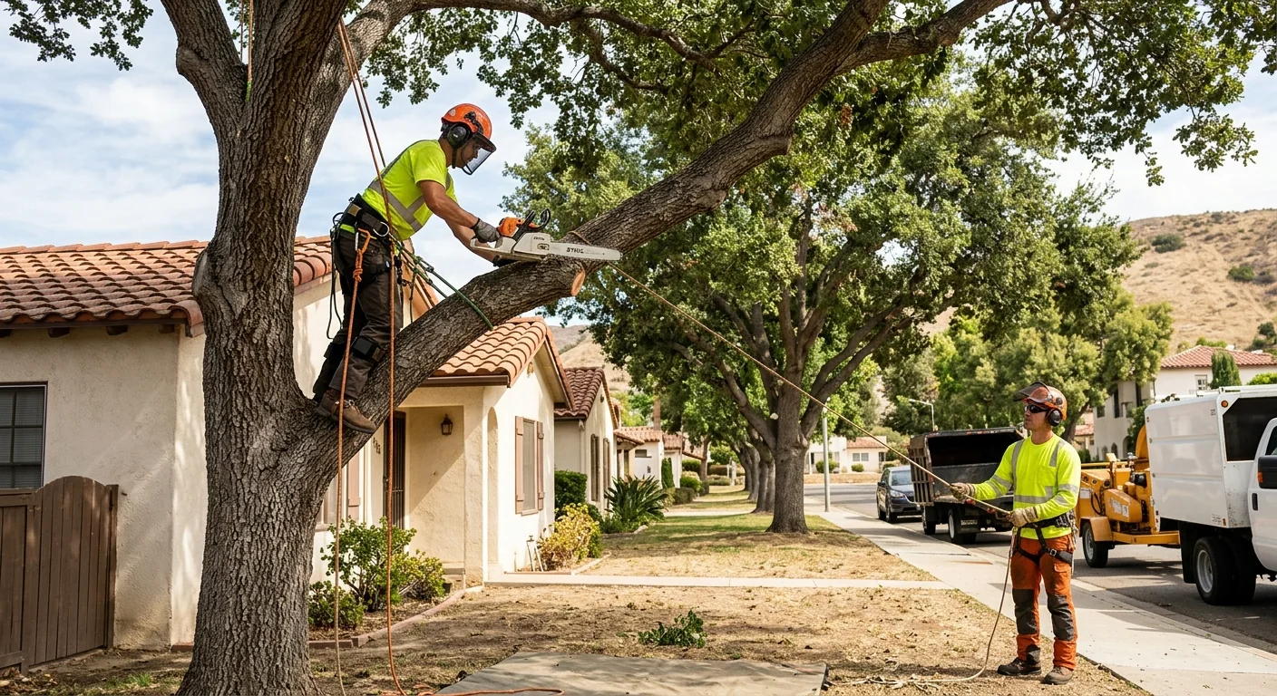 Trained technicians performing controlled tree removal on a Santa Paula residential property