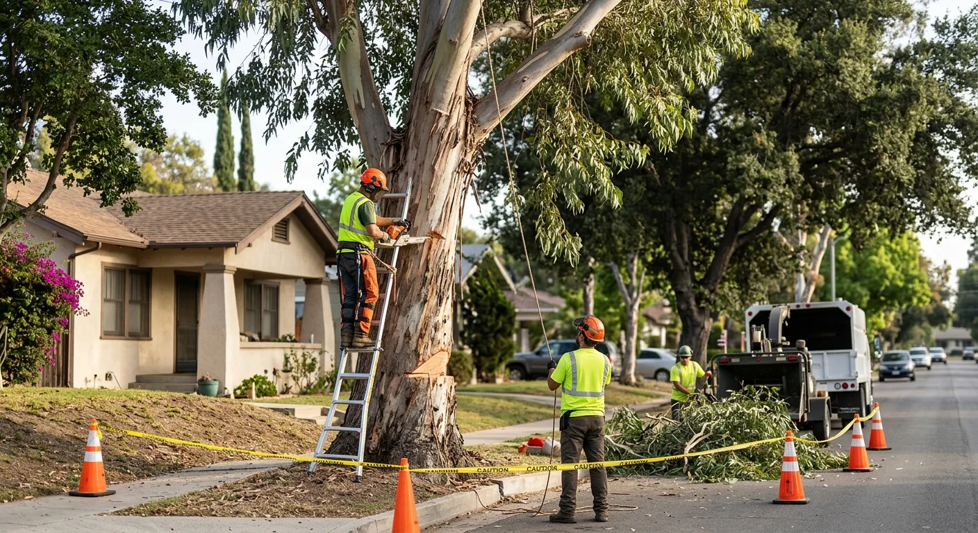 Wide shot of crew felling a mature eucalyptus on a Santa Paula residential lot