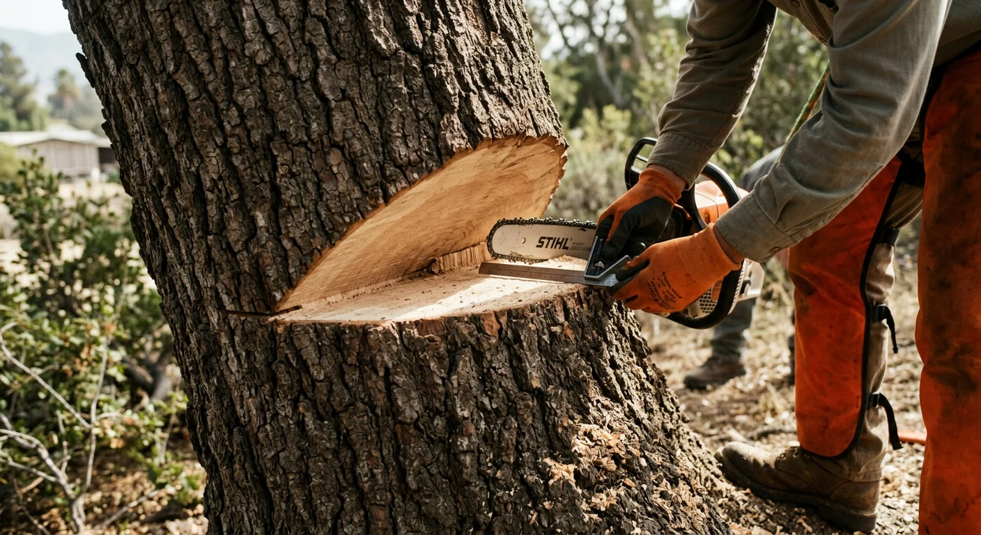Close-up of a directional felling cut on a large oak trunk