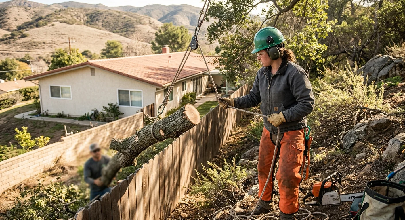 Technician rigging limbs down over a fence beside a hillside home