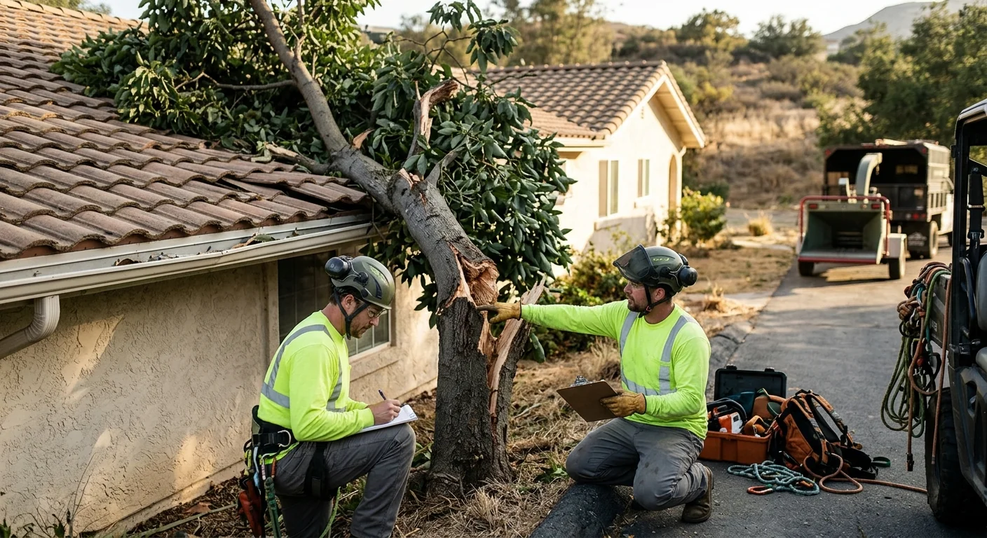 Storm-damaged tree leaning near a roofline before careful removal
