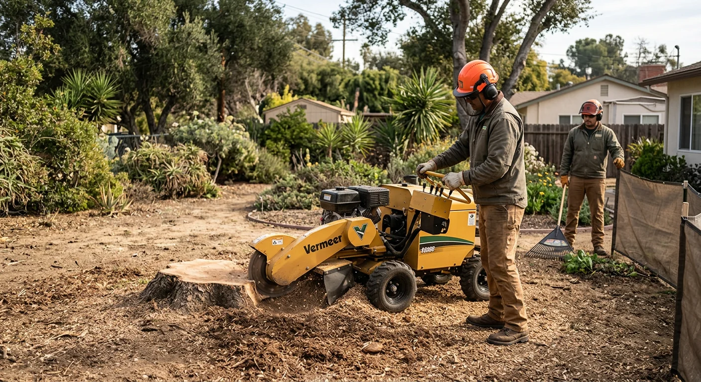 Stump grinder clearing a removed tree base in a backyard