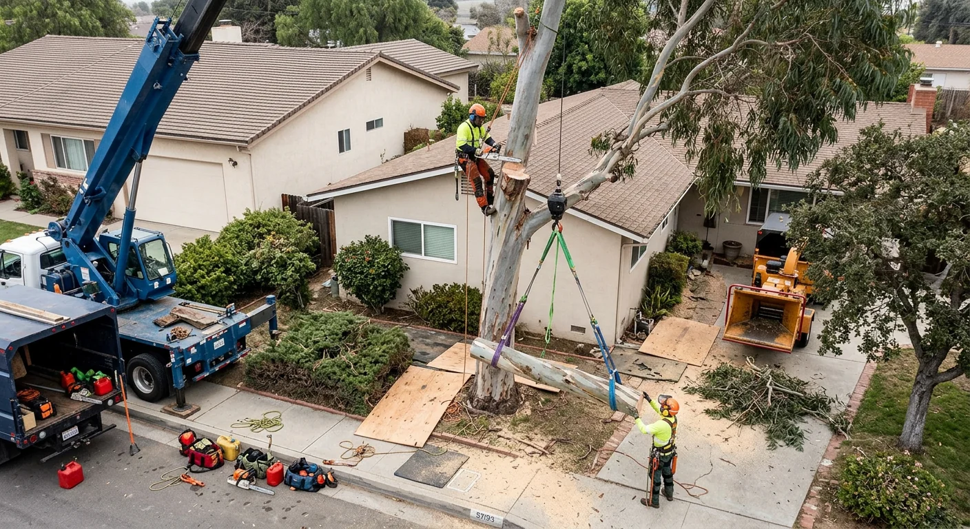 Crane assisting sectional dismantling of a tall tree in a tight yard