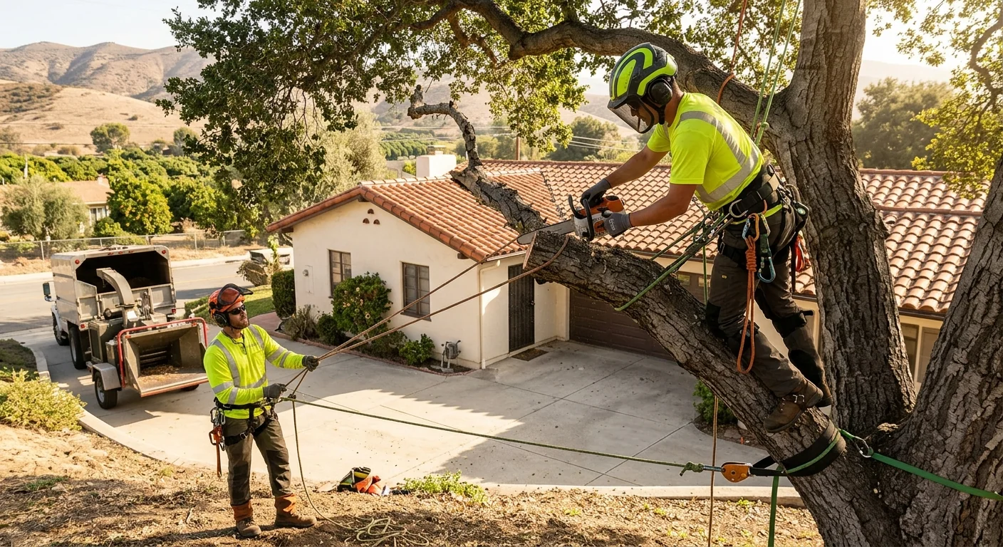 Tree removal crew using a crane and rigging lines on a Santa Paula property