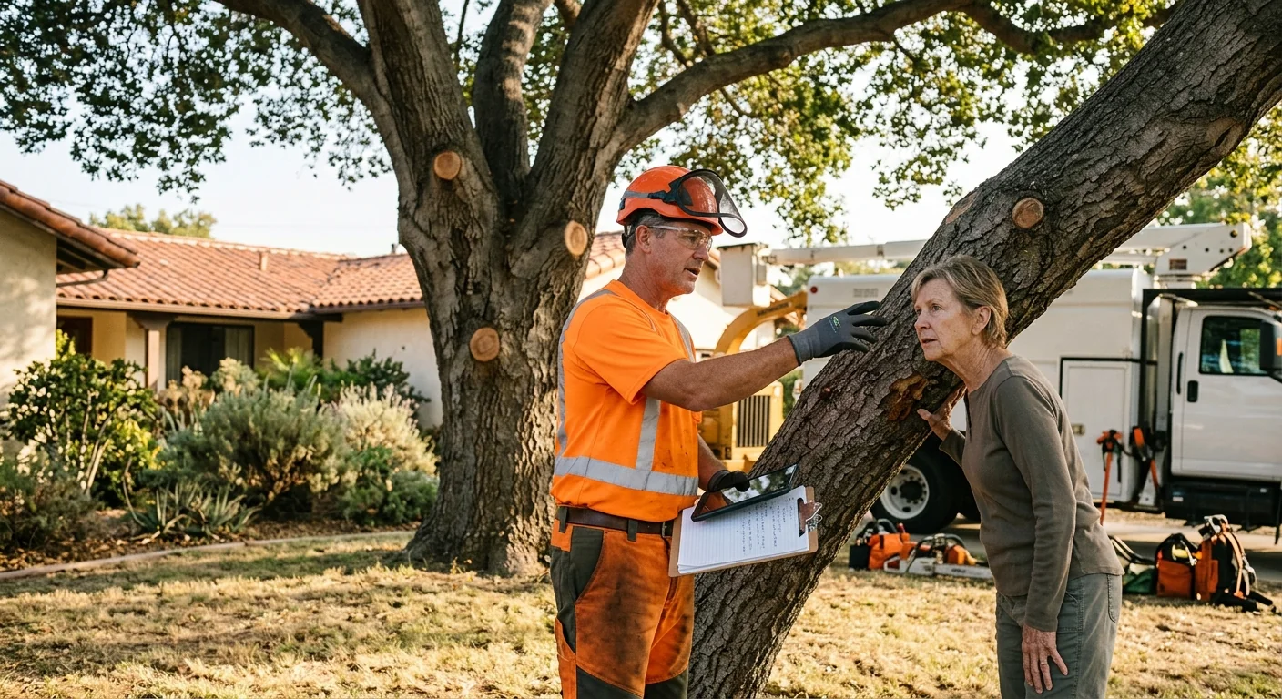 Arborist inspecting a mature tree trunk for decay during a Santa Paula risk assessment