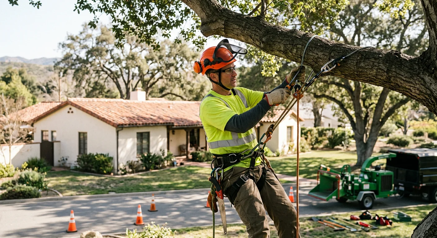 Arborist inspecting a mature tree during a risk assessment in Santa Paula