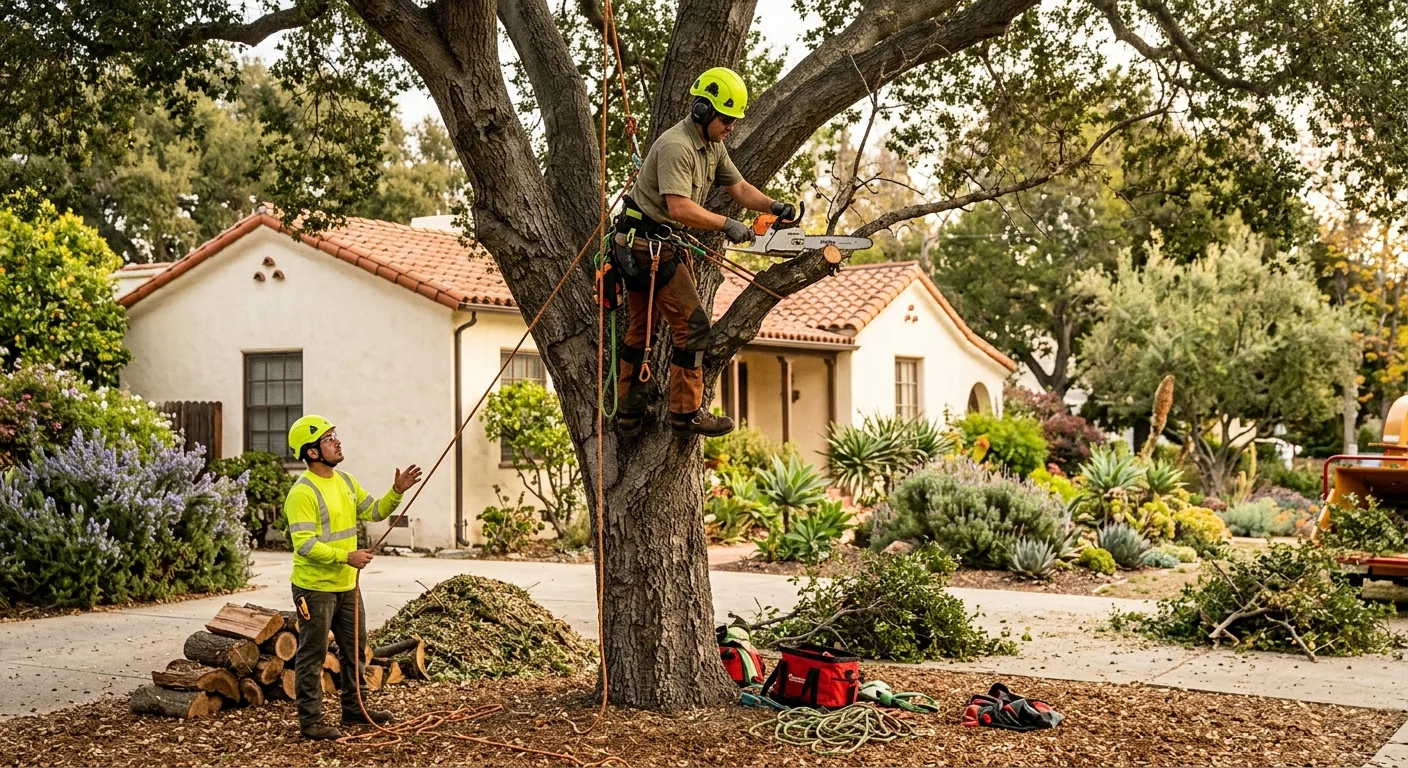 Arborist inspecting a mature tree trunk for defects in Santa Paula