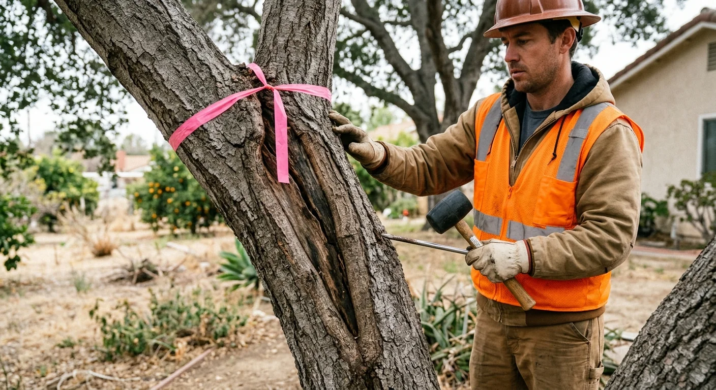 Close-up of a cracked oak leader flagged during a Santa Paula risk inspection