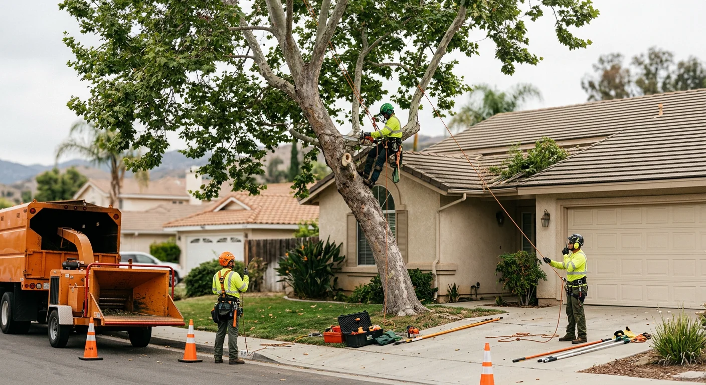 Wide shot of a mature canopy tree leaning toward a residential home