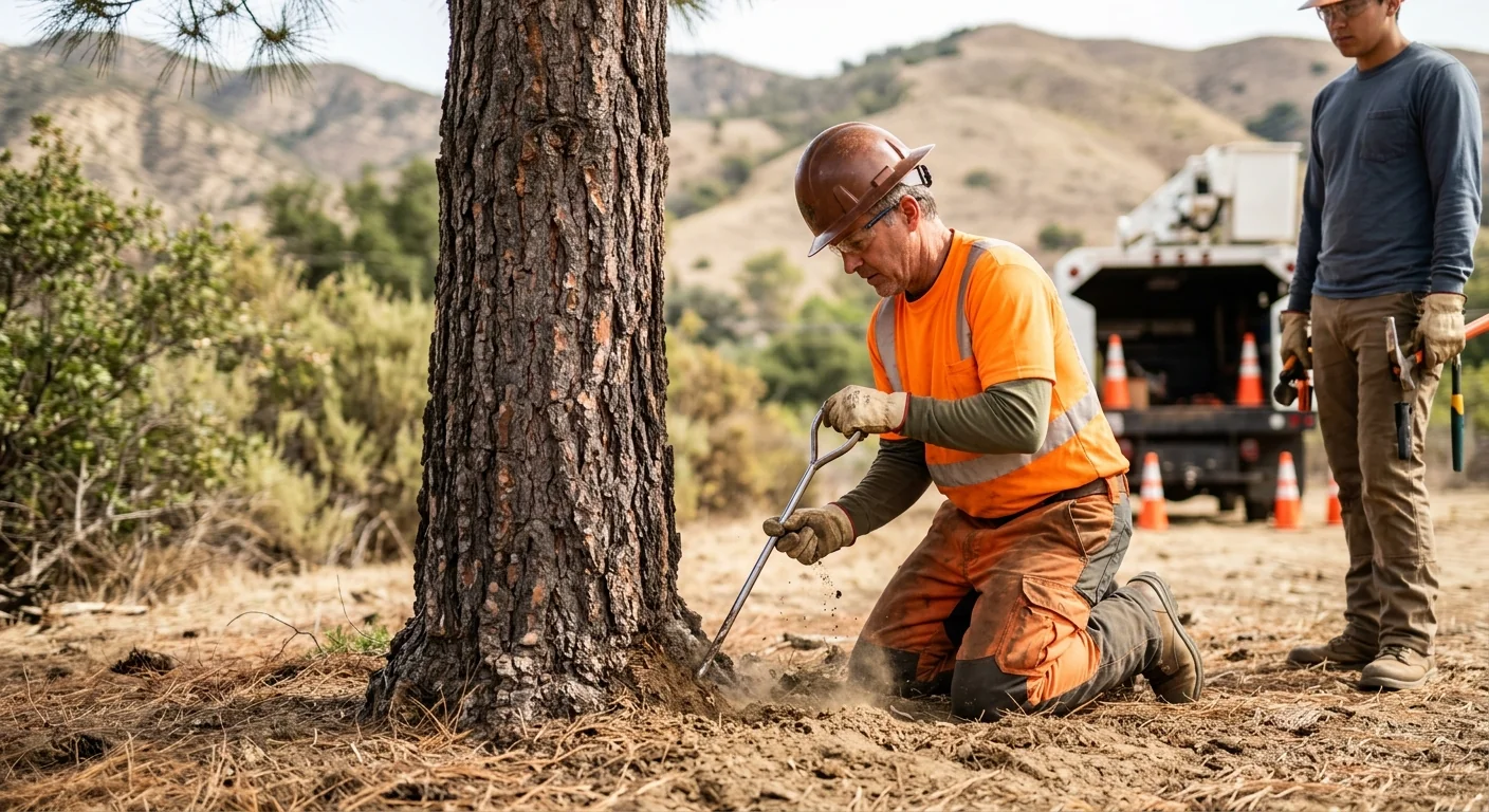 Arborist probing root collar decay at the base of an aging pine