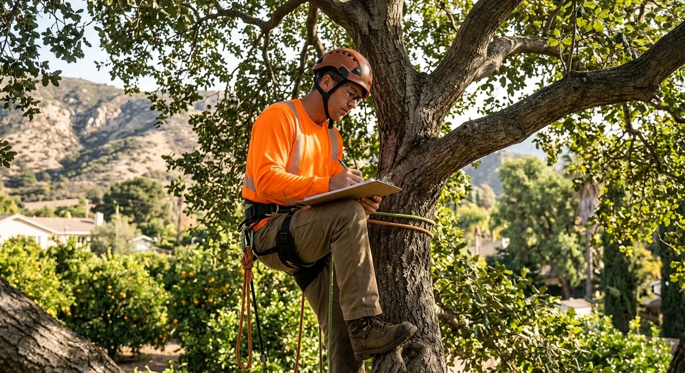 Technician documenting branch attachment points with a clipboard on site