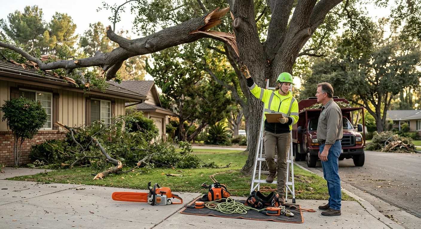 Storm-damaged tree with broken limbs awaiting structural evaluation