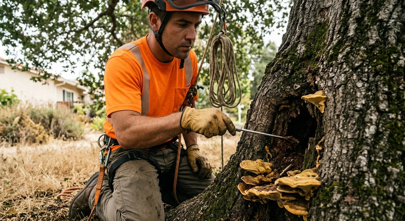 Ground-level inspection of trunk cavity and fungal growth on a hardwood