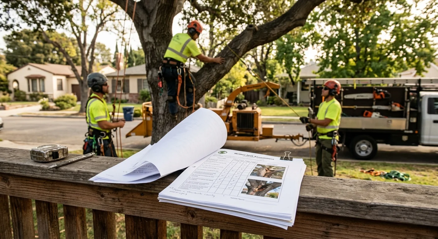 Completed written risk report with photos resting on a property fence
