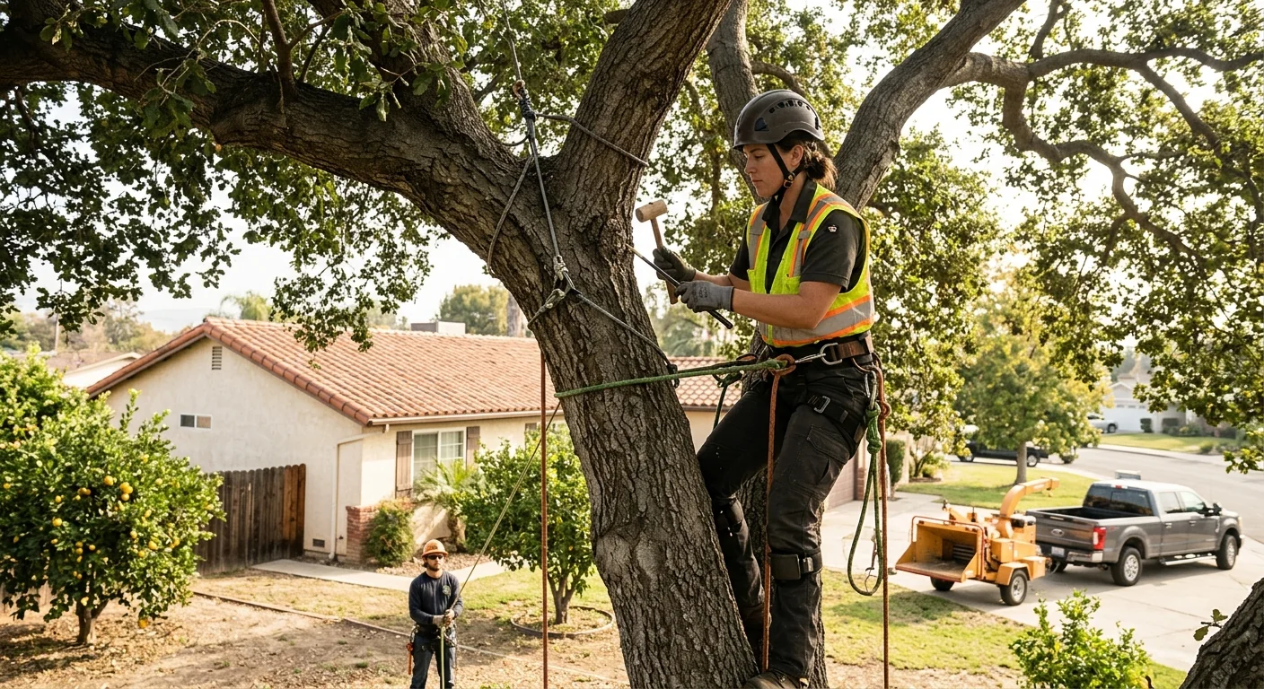 Trained arborist inspecting a mature tree canopy on a Santa Paula residential property
