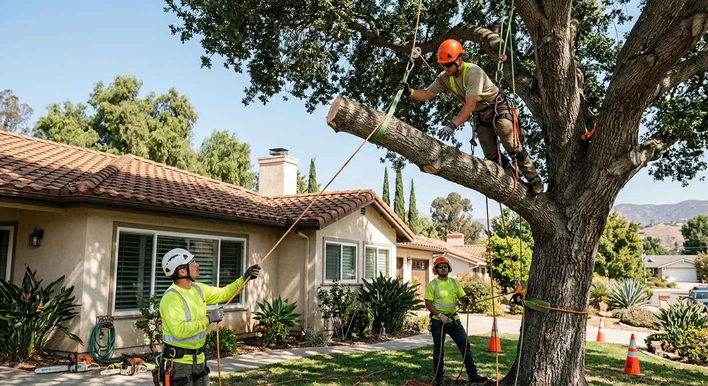 Crew using controlled rigging to lower a limb safely near a home