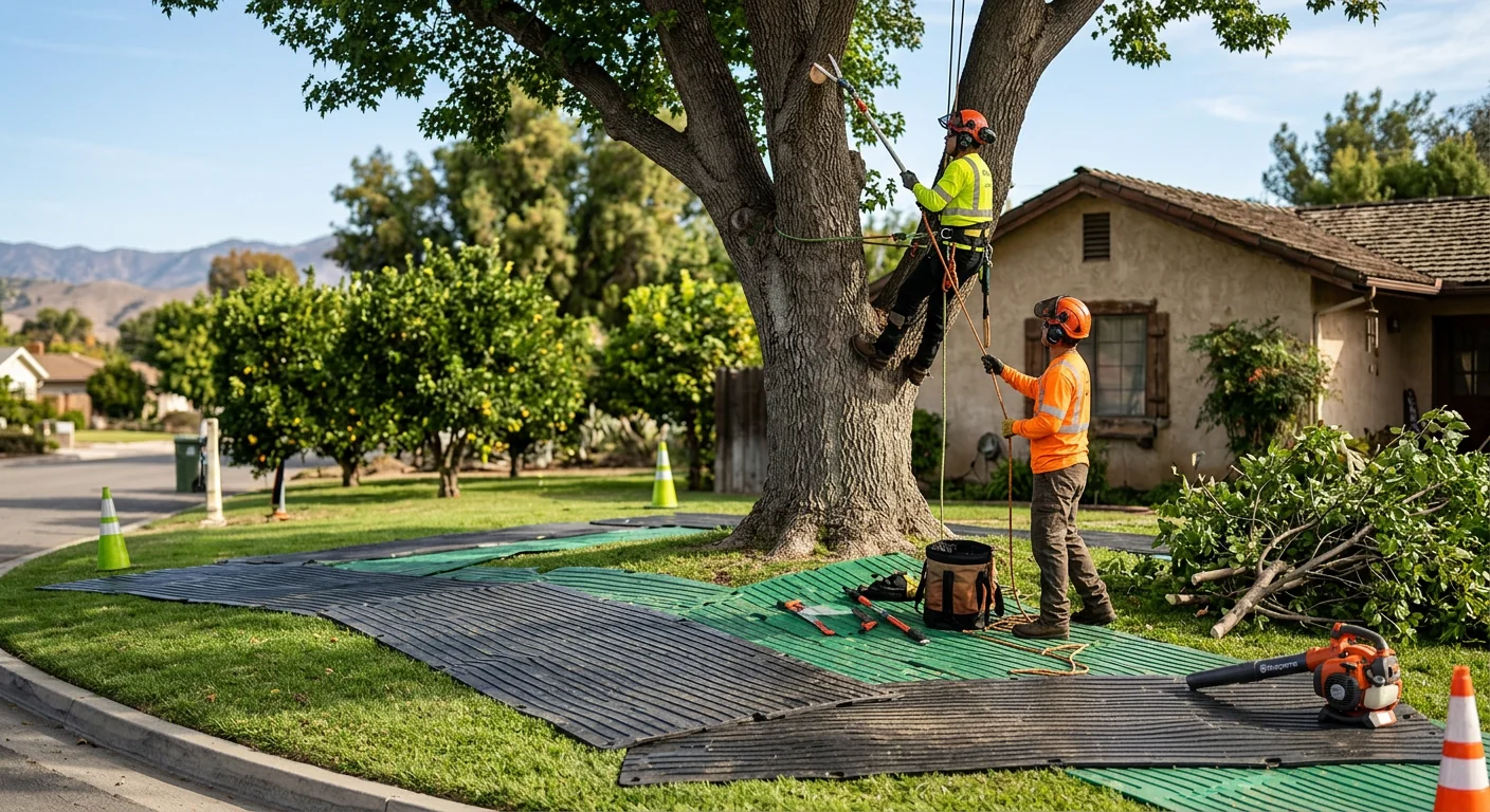 Ground protection laid out during a careful tree pruning job in Santa Paula