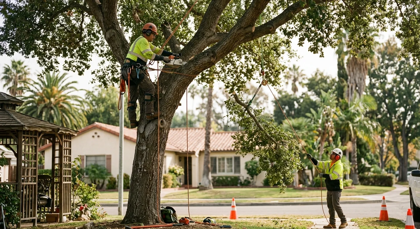 Tree service crew assessing a residential property canopy in Santa Paula