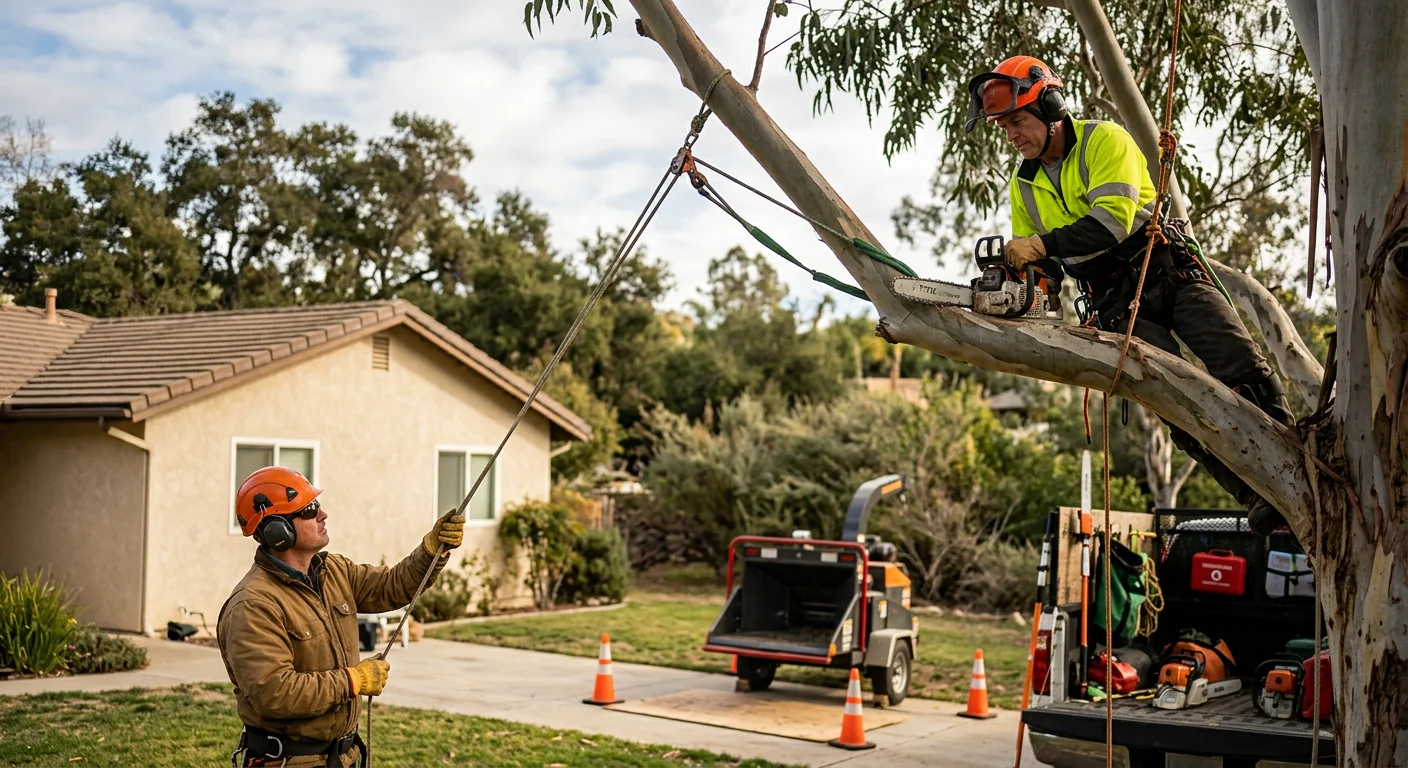 Tree service technician reviewing a written estimate with a homeowner in Santa Paula