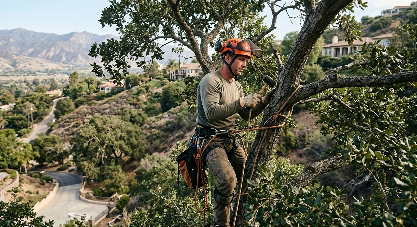 Arborist inspecting a mature tree canopy on a hillside property in Santa Paula