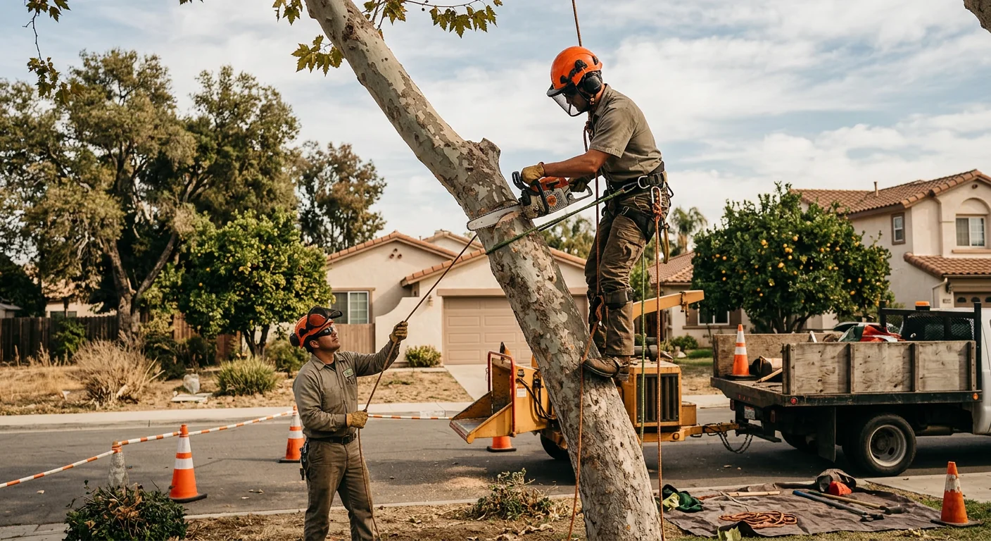 Tree service technician reviewing an estimate with a homeowner in Santa Paula