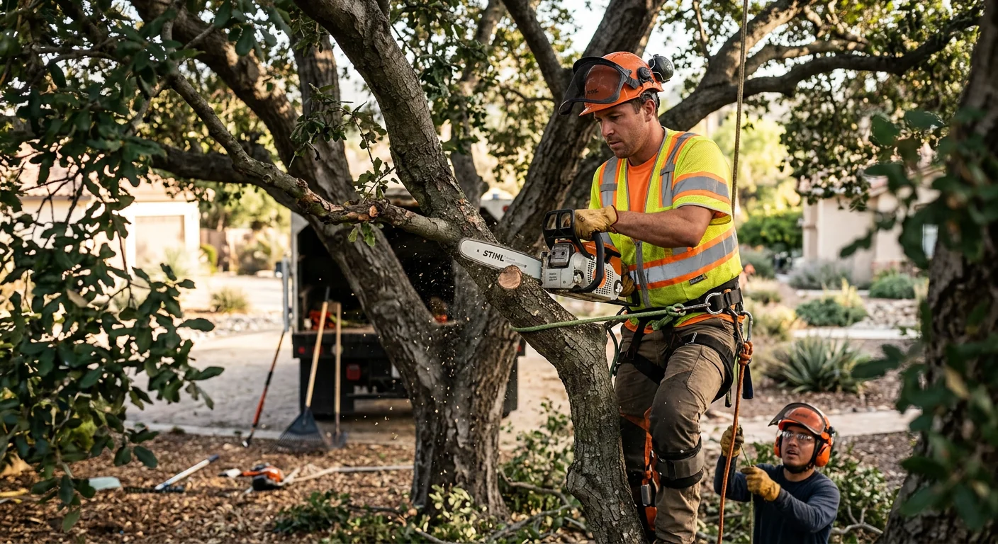 Arborist reviewing tree condition with homeowner during a property assessment in Santa Paula