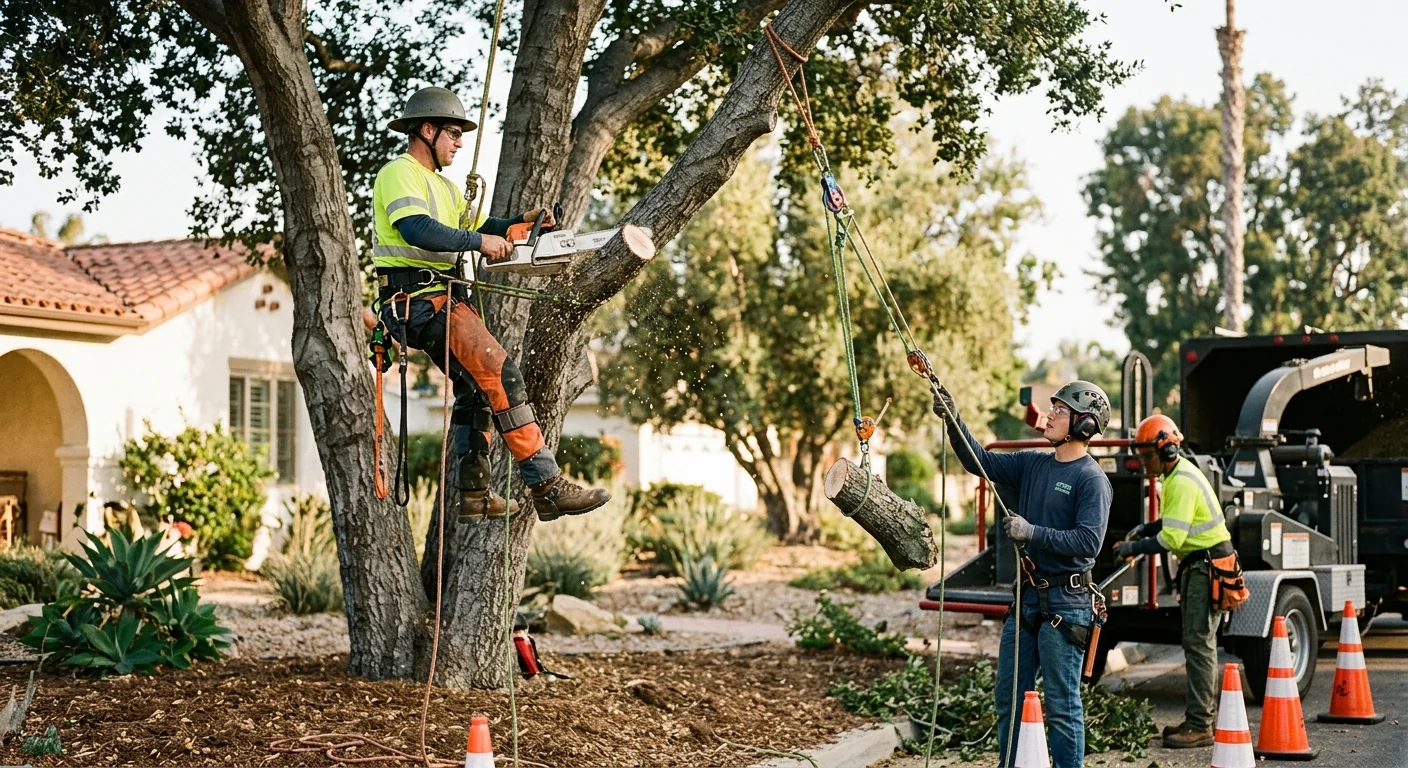Mature trees lining a residential street with foothills behind Santa Paula homes