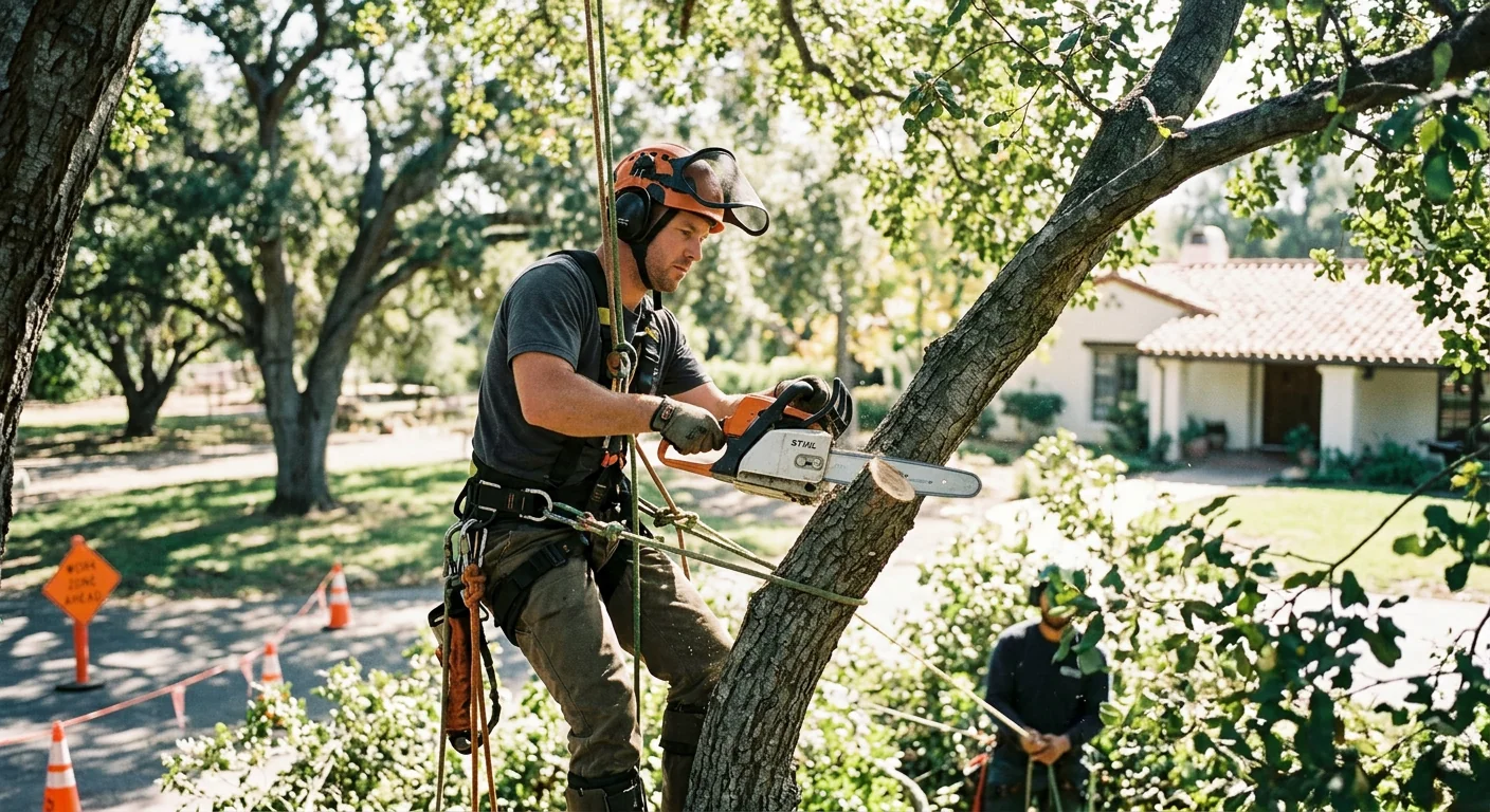 Certified arborist making a precise reduction cut high in a mature oak canopy