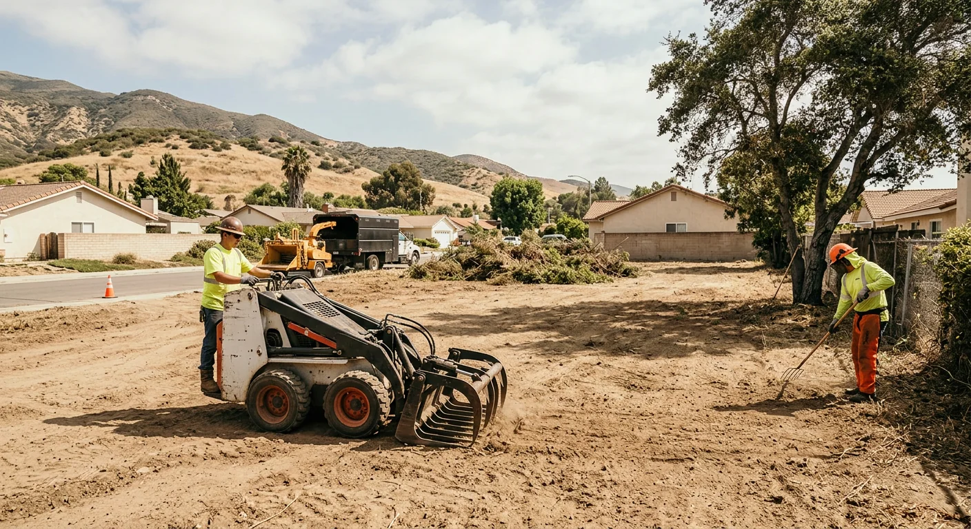 Wide view of a cleared residential lot with brush hauled away in Santa Paula