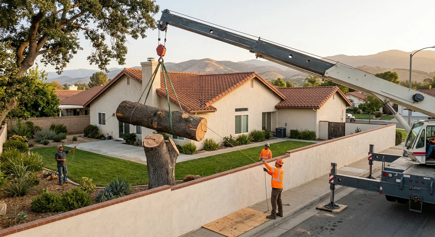 Crane lifting a heavy trunk section safely over a Santa Paula backyard