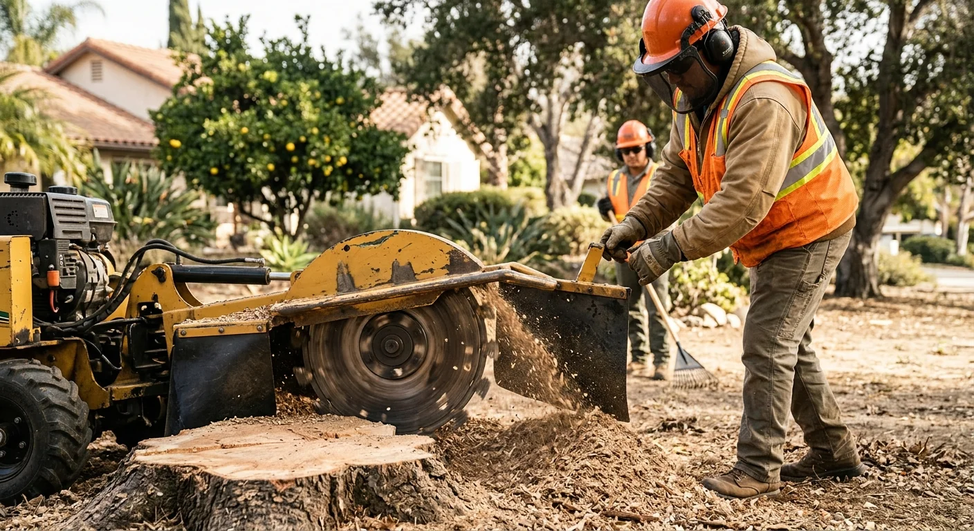 Close-up of a stump grinder reducing a hardwood stump to clean mulch