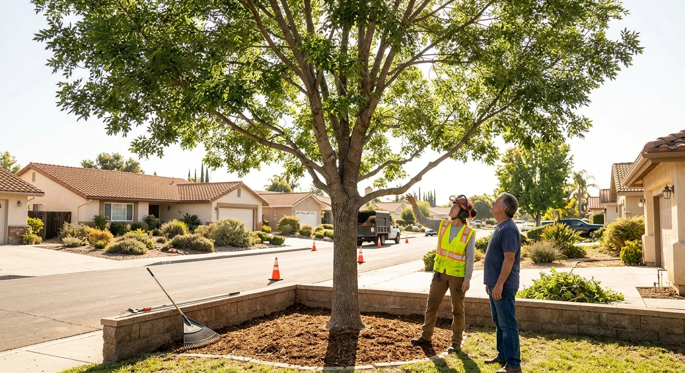 Finished result showing balanced crown thinning on a front-yard shade tree