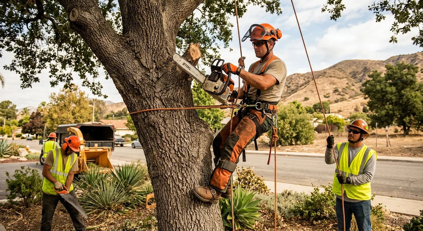 Tree service crew reviewing safety gear and rigging equipment before a job