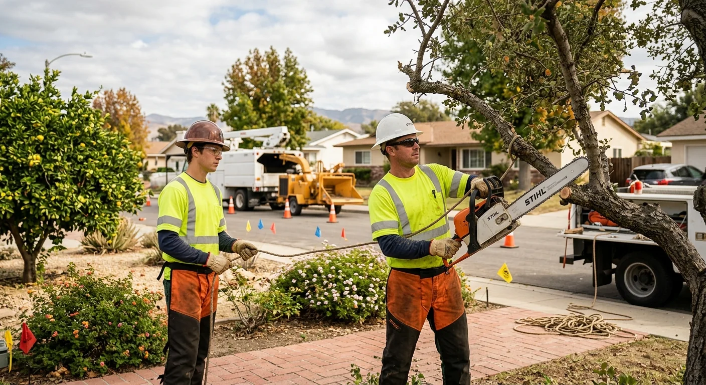 Trained arborist inspecting a mature tree canopy on a Santa Paula property