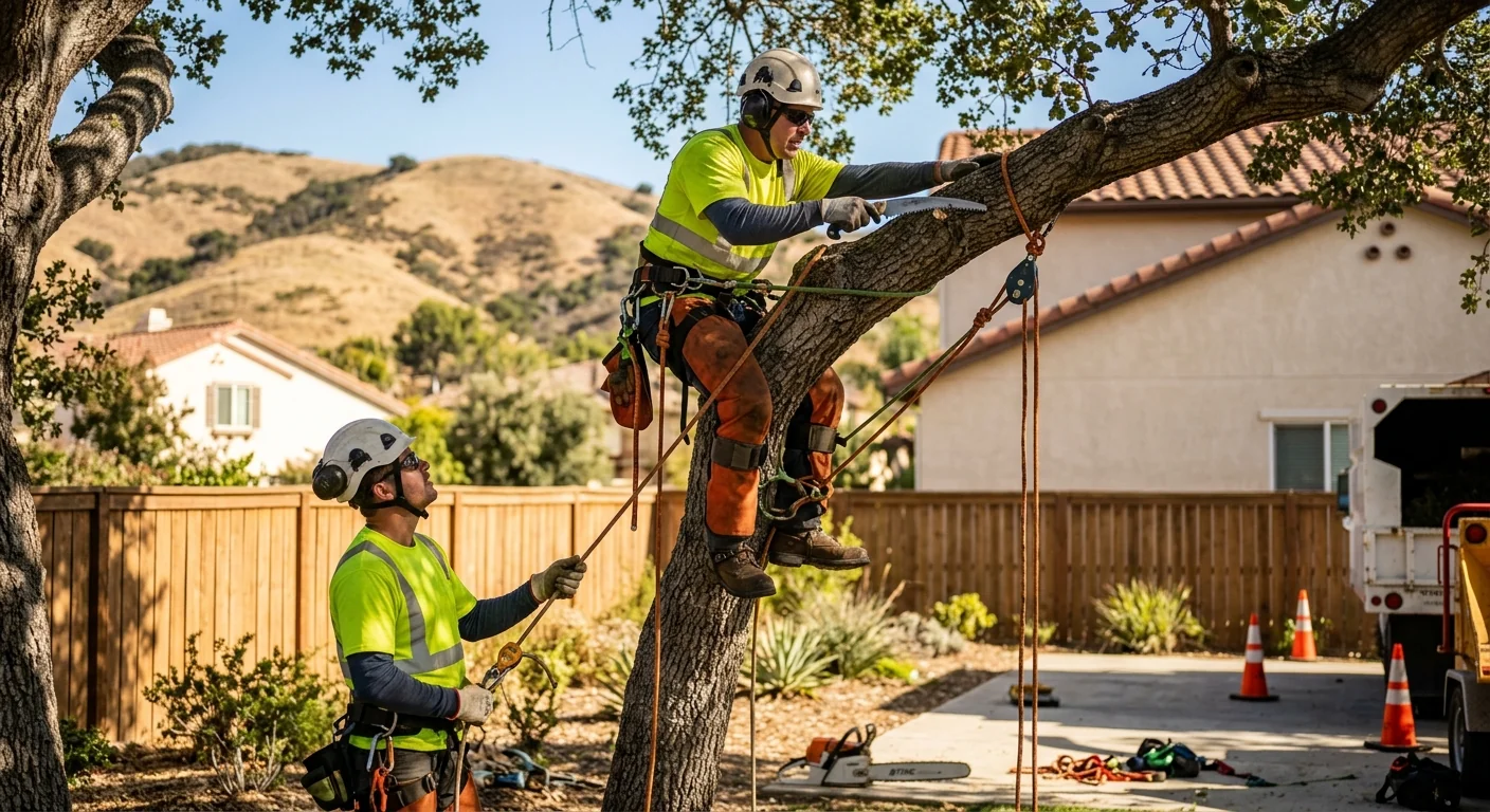 Tree service crew assessing a large oak on a Santa Paula residential property