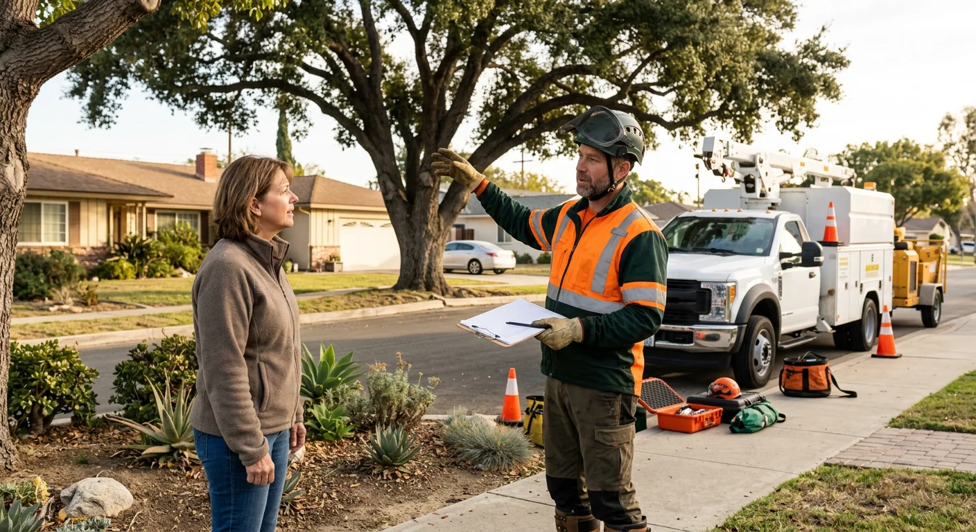 Arborist reviewing a written tree trimming estimate beside a mature backyard tree