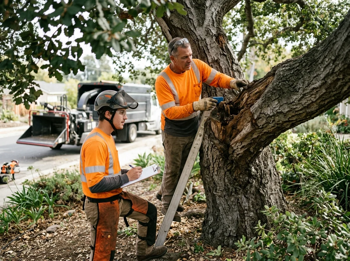 Homeowner reviewing a written tree trimming estimate with a technician