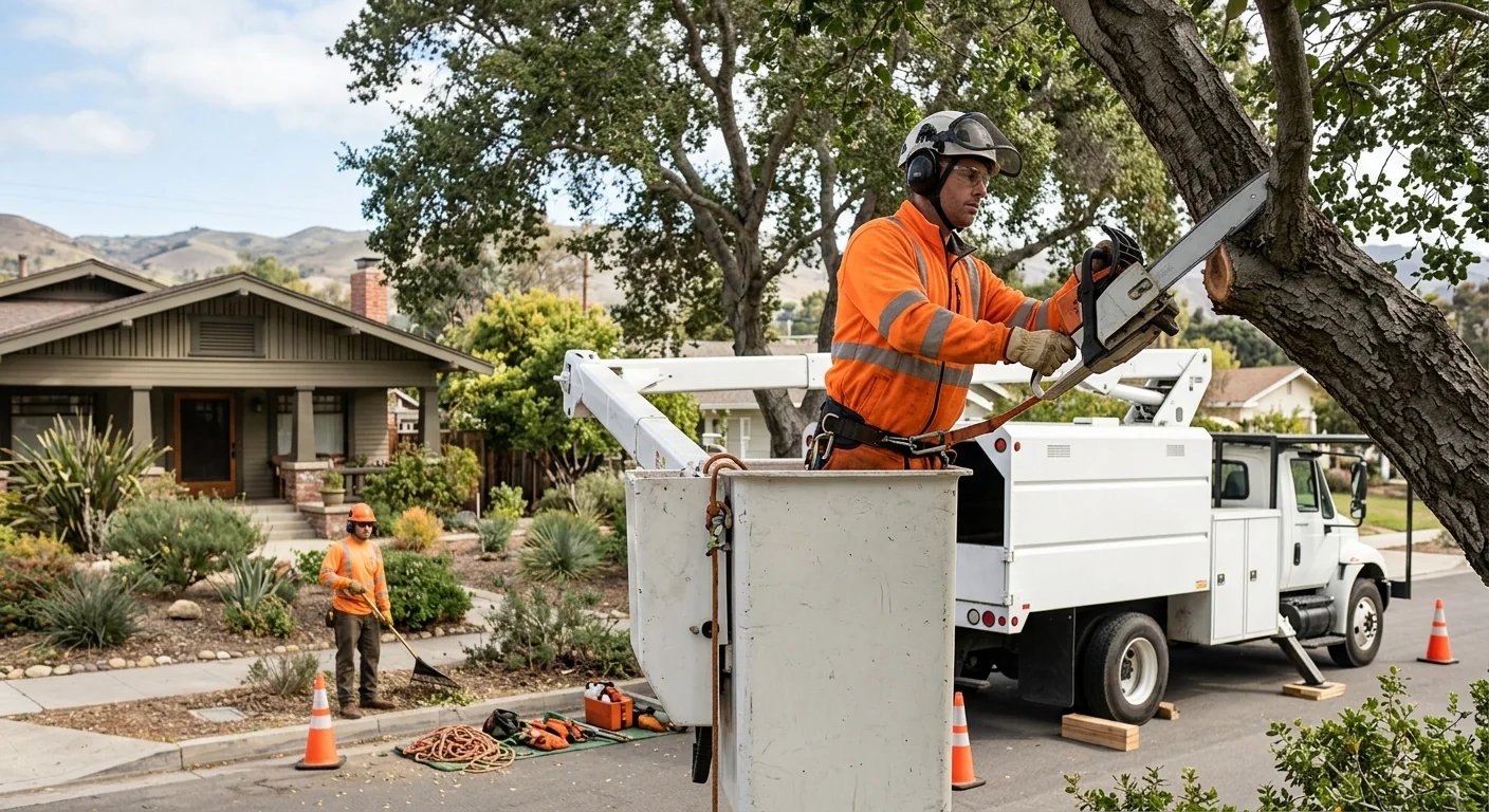 Arborist trimming a mature tree canopy in a Santa Paula backyard