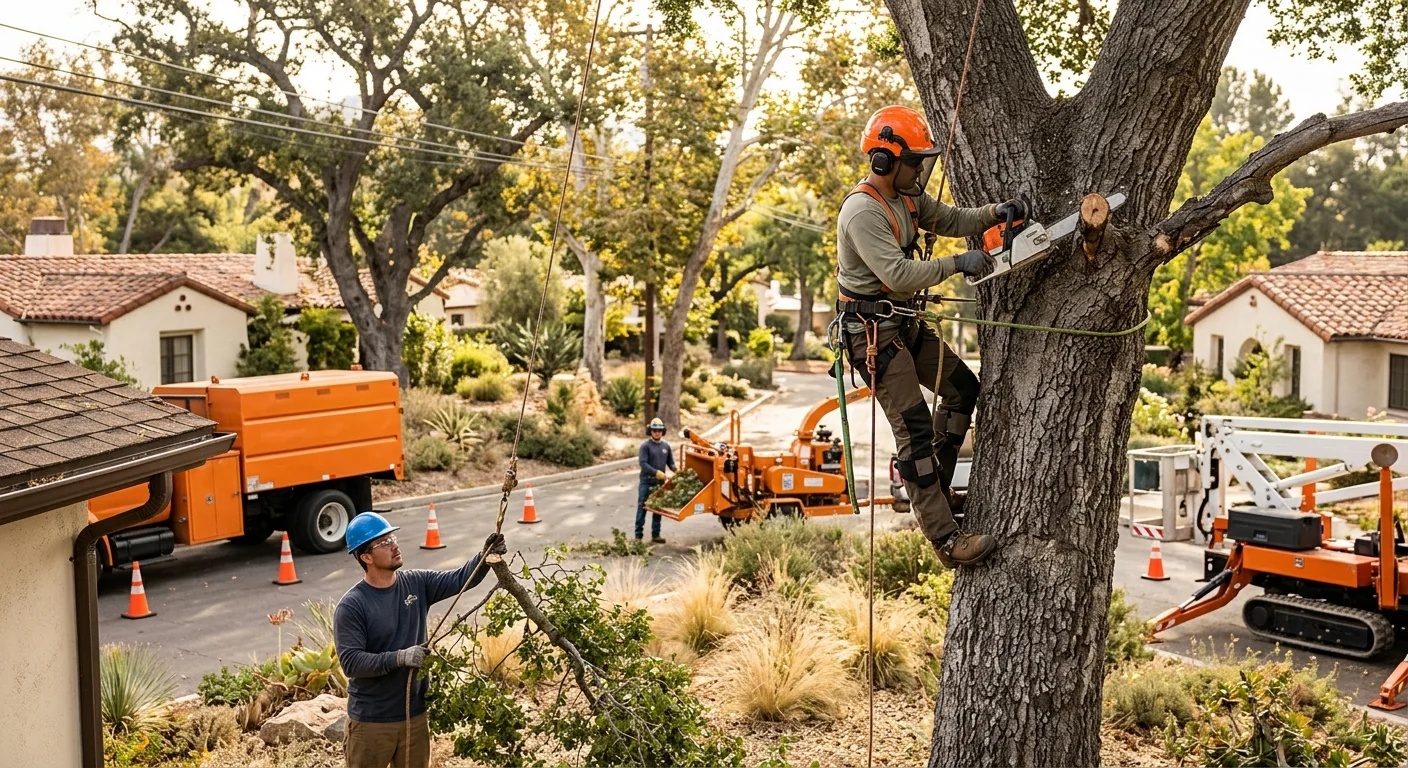 Arborist making a directional pruning cut in a residential canopy