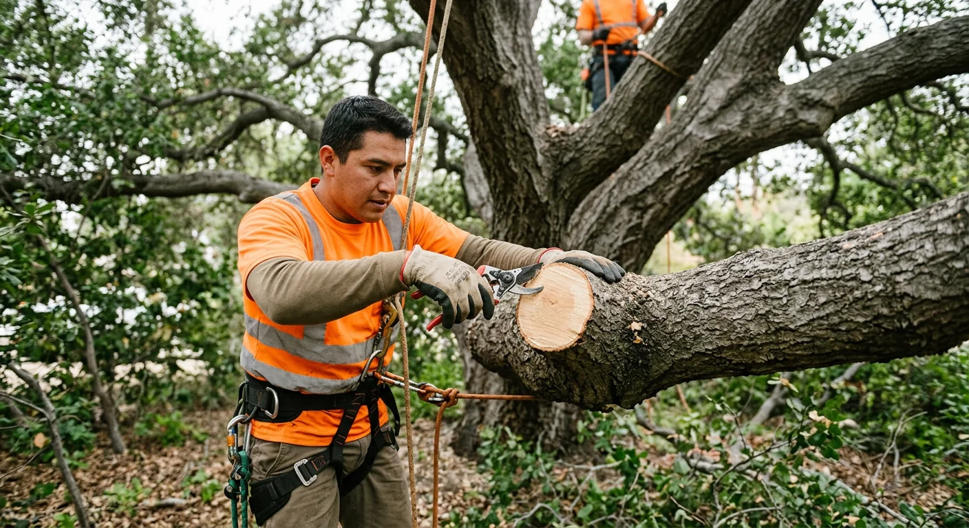 Close-up of proper pruning cut on a mature oak branch in Santa Paula