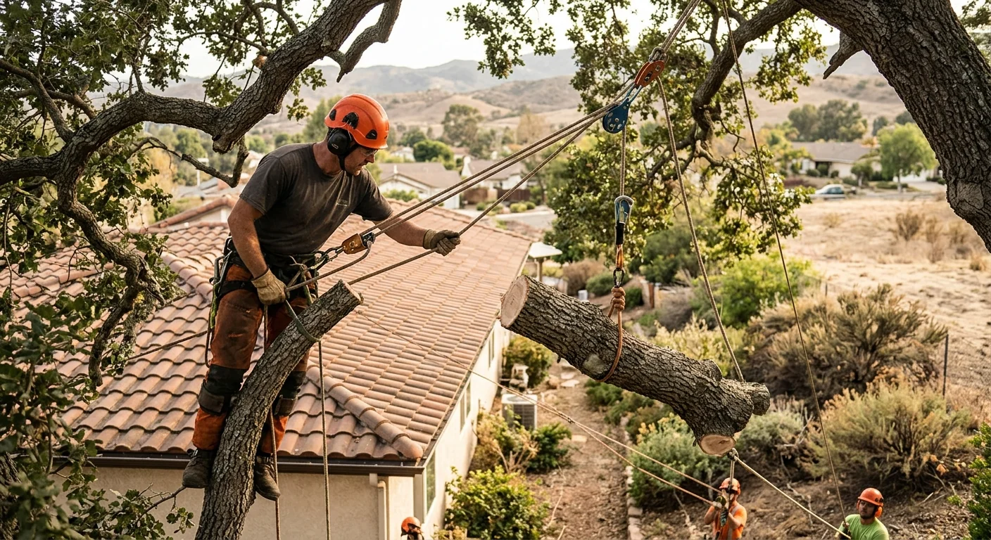 Technician using ropes to lower a large limb safely near a rooftop