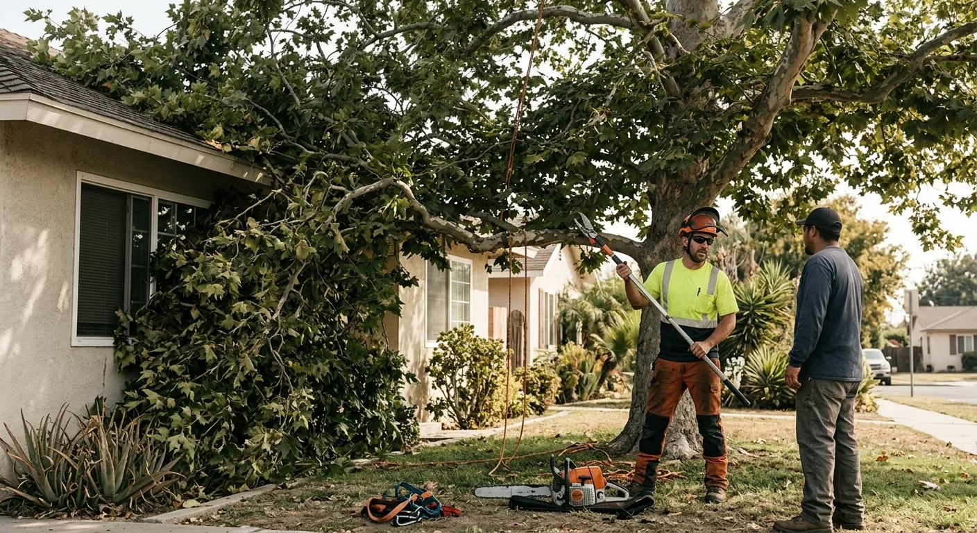 Before-context view of an overgrown tree crowding a neighborhood home