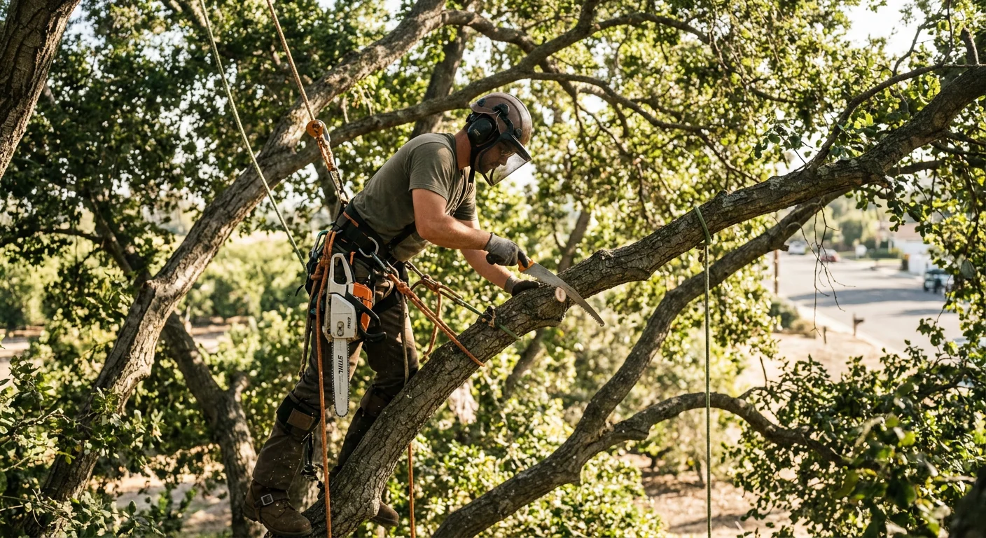 Arborist in harness performing crown thinning high in a canopy