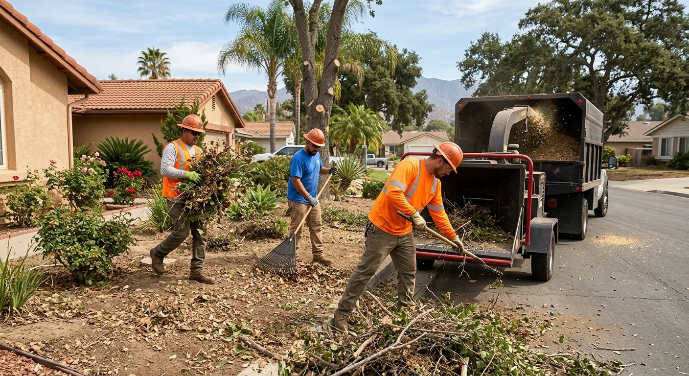 Ground crew clearing trimmed brush and debris from a residential yard